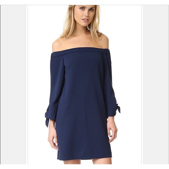 Tibi Off Shoulder Long Tie Sleeve 100% Cotton Shift Dress Navy Size 2 - Picture 2 of 9
